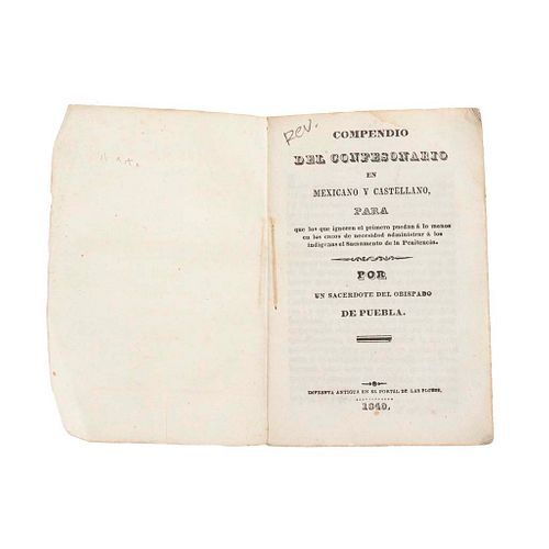 Compendio del Confesionario en Mexicano y Castellano. México: Imprenta Antigua del Portal de las Flores, 1840.