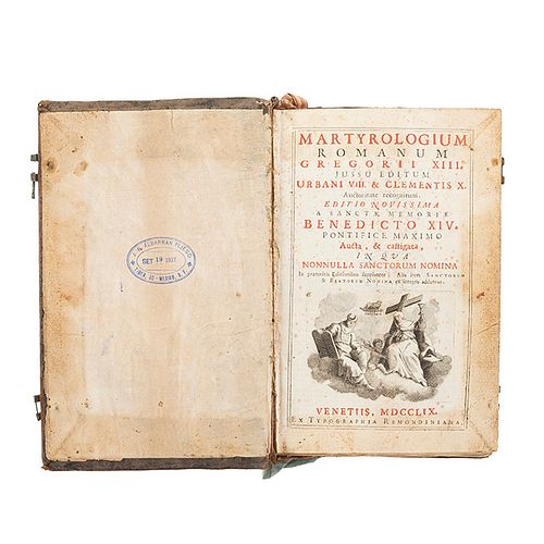 Baronio, César. Martyrologium Romanum. Venetiis: Typographia Remondiniana, 1759. Portada con grabado.