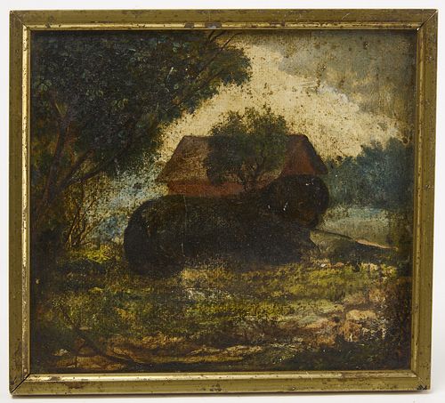 Primitive Painting of a Dog in Landscape