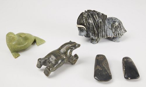 Three Eskimo Carved Stone Figures & Implements