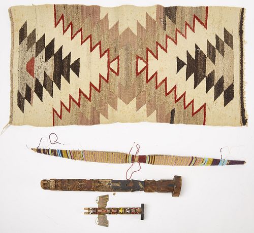 Navajo Rug, Child's Bow, 2 Totem Poles- Beaded Bow