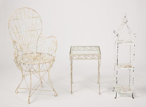 Wire Garden Chair, Iron Table& 3 Tiered Shelf