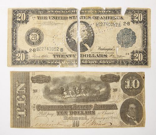 Confederate $10 Note plus Old $20 Bill