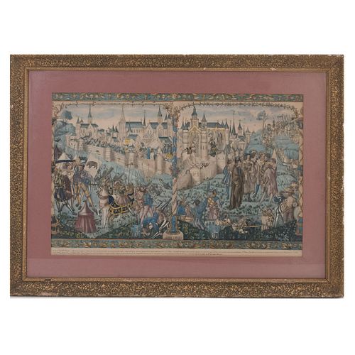 Castillo medieval. Litografía coloreada. Enmarcada. 33 x 50 cm.