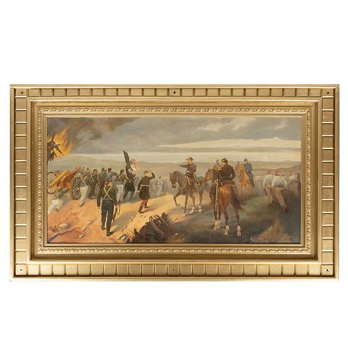 REPRODUCCIÓN DE JOSË CUSACHS. Escena de la Batalla de Puebla. Óleo sobre tela. Enmarcado. 89 x 179 cm