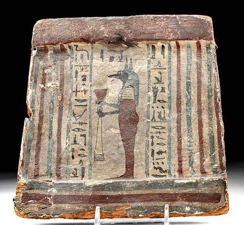 Translated Egyptian Wood Canopic Box Panel w/ Anubis