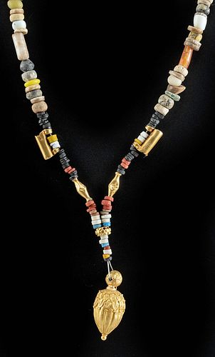 Roman Glass & Faience Bead Necklace w/ 24K Gold Pendant