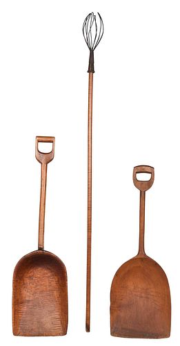 Two Carved Wood Shovels and Apple Picker