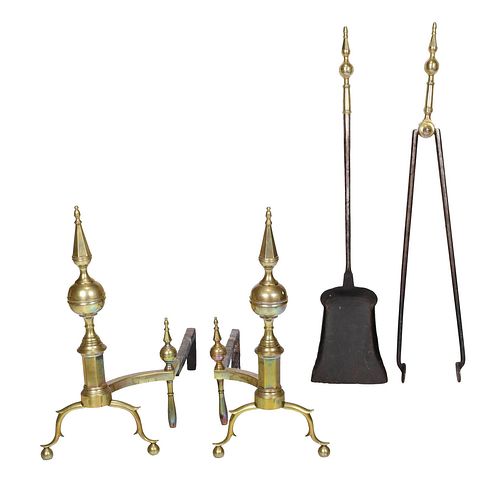 Pair American Federal Brass Andirons, with Tools