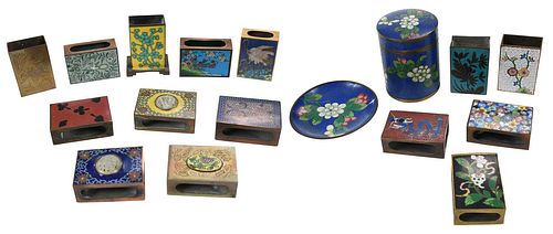 Collection 64 Enameled Matchboxes, Jar, and Dish