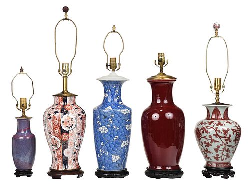 Five Asian Porcelain Vases Mounted as Lamps