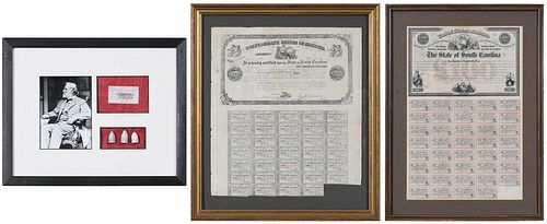 Three Southern Framed Items, Civil War Bonds 