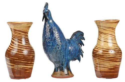 Charlie West Pottery Rooster and Two Swirl Vases