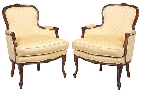 Pair Louis XV Style Carved Walnut Bergeres