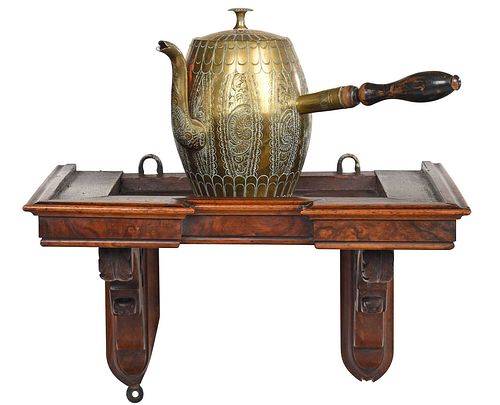 Carved Hanging Wall Shelf and Brass Teapot