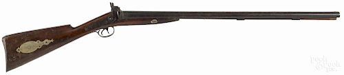 Double-barrel, side-by-side percussion back action shotgun, 16 gauge, with an oval silver patchbox