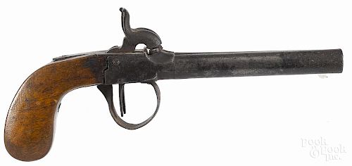 Belgian double-barrel percussion pistol, approximately .36 caliber, 4'' barrels.