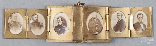 Miniature Civil War book-form locket with twelve portraits of Abraham Lincoln, soldiers, and other