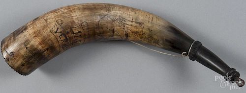 Contemporary scrimshaw powder horn, engraved 1760 Vermont, with a soldier on horseback