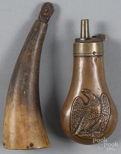Copper embossed eagle pistol powder flask, 19th c., 4 1/4'' h.