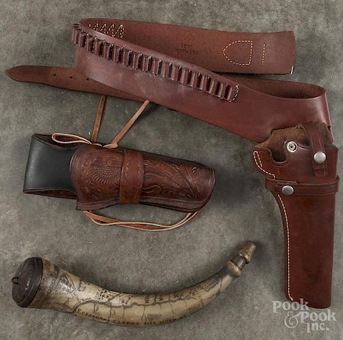 Three vintage leather hunting pouches, together with three powder horns and two leather holsters