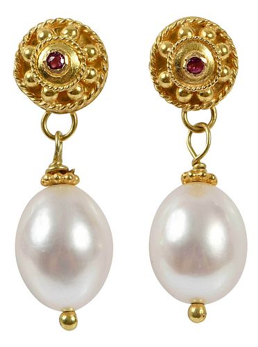 18kt. Pearl and Ruby Earrings 