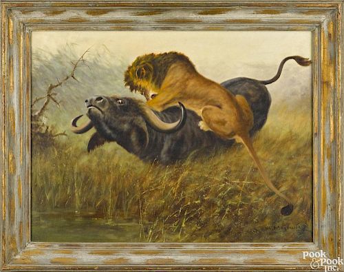 George Majewicz (German 1897-1965), oil on canvas landscape with a lion attacking a water buffalo
