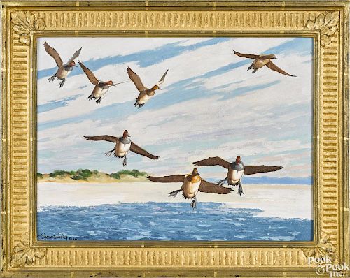 Richard Bishop (Pennsylvania 1887-1975), oil on board of a flock of flying ducks