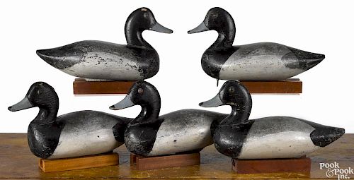 Rig of five Chesapeake Bay carved and painted bluebill duck decoys, mid 20th c., 13 1/2'' l.