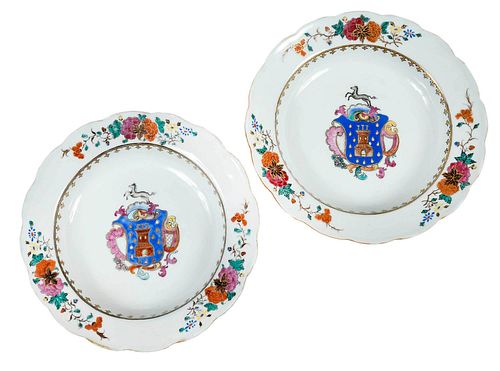 Pair Chinese Export Armorial Porcelain Soup Bowls