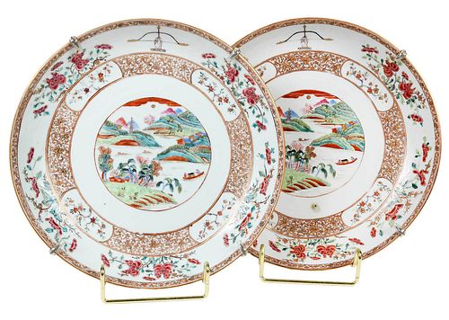 Two Chinese Export Porcelain Plates with Seascape
