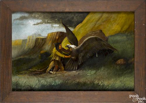 Oil on canvas landscape, 19th c., with a Native American Indian and an eagle, 24 1/2'' x 36''.