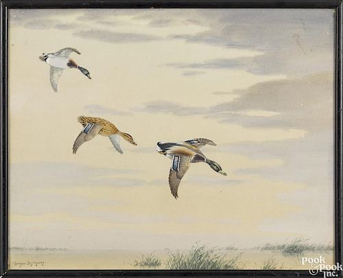 Benson B. Moore (American 1882-1974), watercolor landscape of mallards in flight, signed