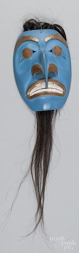 Contemporary Northwest Coast carved and painted mask with copper accents, 11 1/4'' h.