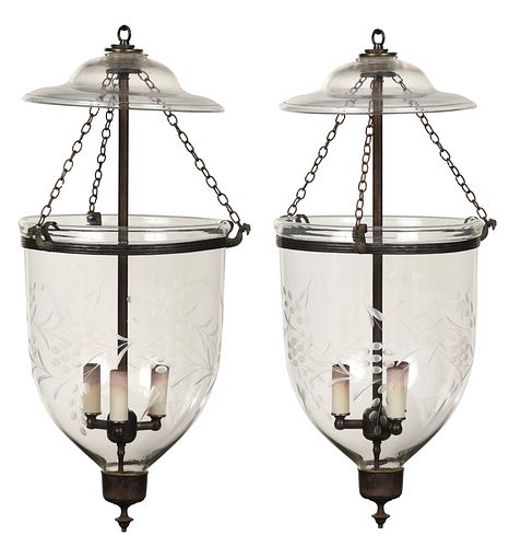 Near Pair Neoclassical Glass and Brass Hall Lanterns