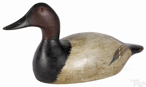 Evans factory carved and painted canvasback duck decoy, early 20th c., stamped Evans on bottom