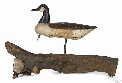 Carved and painted Canada goose decoy, late 19th c., probably Virginia, with carved initials B. C.