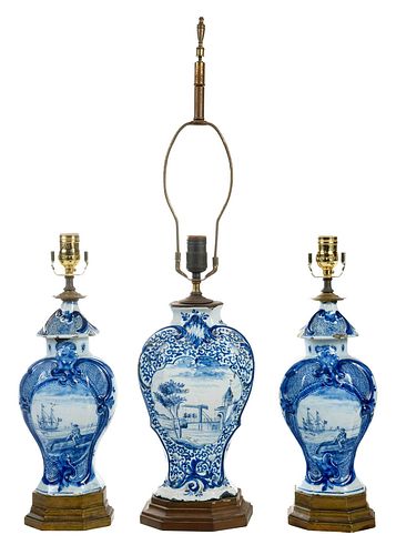Three Dutch Delft Blue and White Vases as Lamps 
