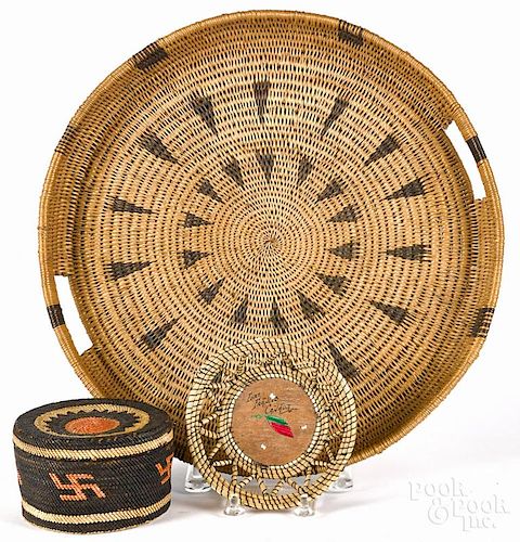 Three Native American Indian baskets, 20th c., to include a souvenir tray from Fort Frances Canada