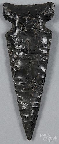 Native American obsidian notched knife, Lake County, California, 6 1/4'' l.
