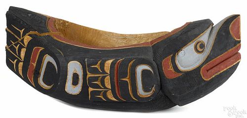 Large Northwest Coast carved and painted feast bowl, 20th c., 11'' h., 34 1/4'' w.