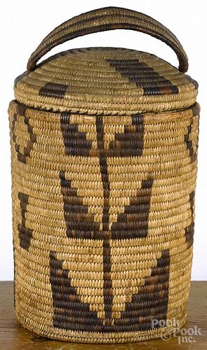 Large Native American Indian basketry lidded storage jar, early 20th c., likely Papago