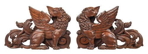 Pair Carved Wood Griffin Architectural Elements