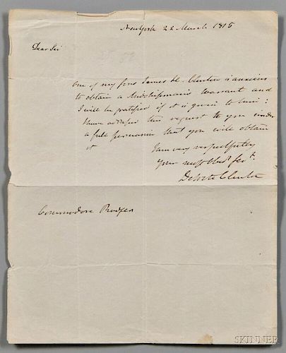 Clinton, DeWitt (1769-1828) Autograph Letter Signed, 22 March 1815.