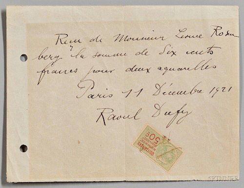 Dufy, Raoul (1877-1953) Signed Receipt, Paris, 11 December 1921.