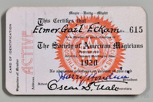Houdini, Harry (1874-1926) Signed Society of American Magicians Card, c. 1919.