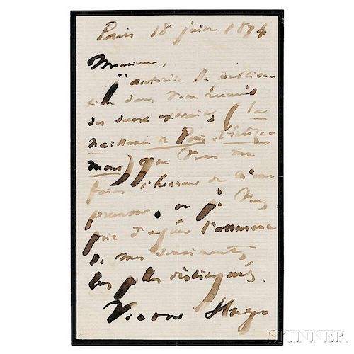 Hugo, Victor (1802-1885) Autograph Letter Signed, 18 June 1874.