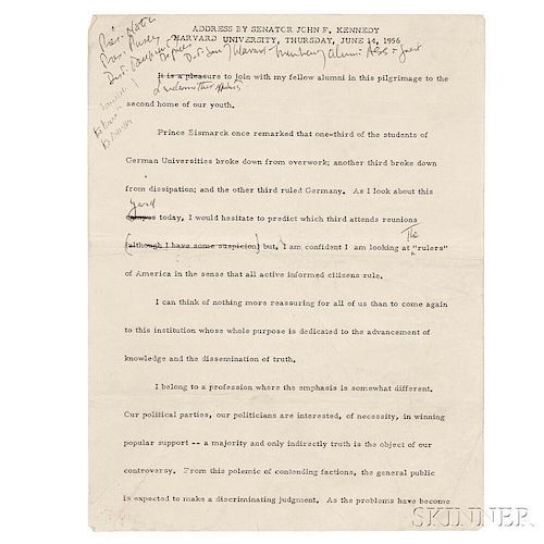 Kennedy, John Fitzgerald (1917-1963) Harvard Commencement Address with Handwritten Notes, 14 June 1956.