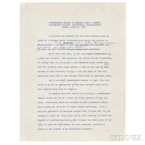 Kennedy, John Fitzgerald (1917-1963) Springfield College Commencement Address Notes, Academic Hood, and Mortarboard,   10 June 1956.