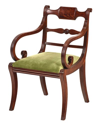 Classical Carved Figured Mahogany Open Armchair